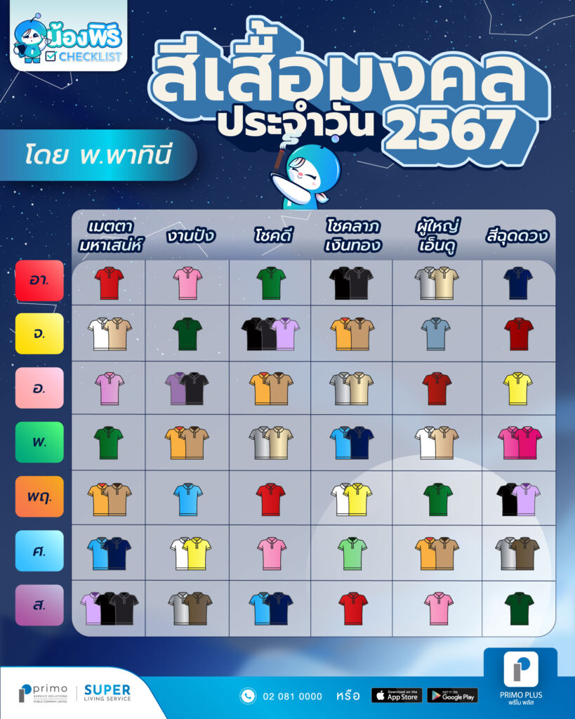 เสื้อสีมงคล 2567 หมอลักษณ์ ช่วยดึงดูดเงินทองและโชคลาภ