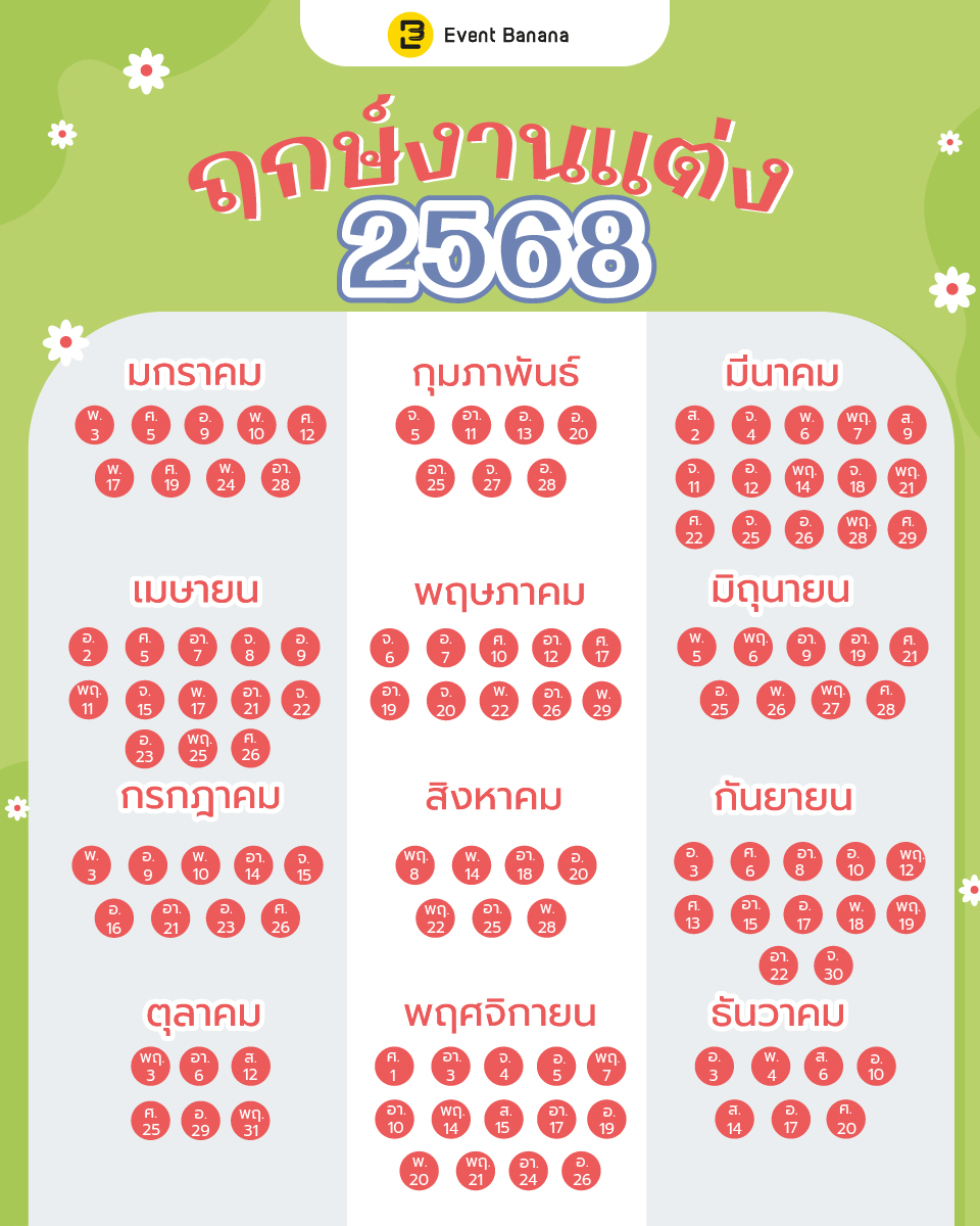 ฤกษ์แต่งงาน 2568 วันไหนดีดีทั้งเรื่องงานและเรื่องความรัก